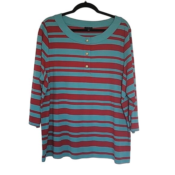 Talbots Woman Pima Cotton Striped Henley Gold Button Tee, 2X - Picture 1 of 7